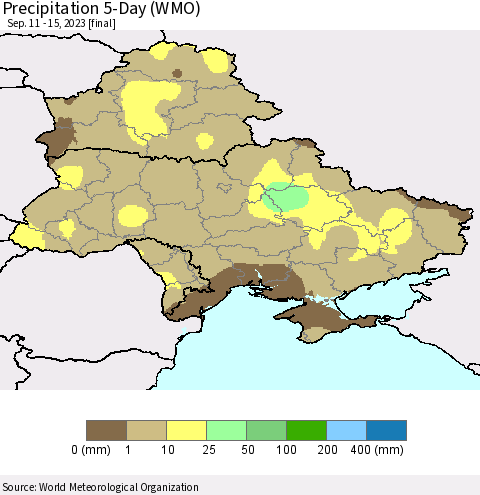 Ukraine, Moldova and Belarus Precipitation 5-Day (WMO) Thematic Map For 9/11/2023 - 9/15/2023