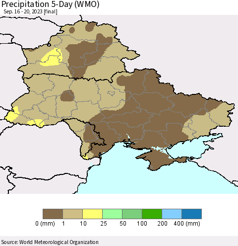 Ukraine, Moldova and Belarus Precipitation 5-Day (WMO) Thematic Map For 9/16/2023 - 9/20/2023