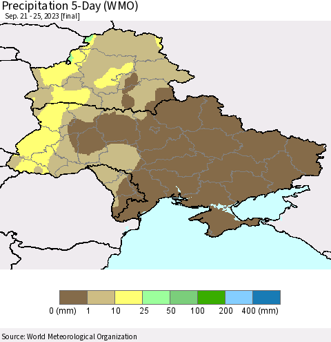 Ukraine, Moldova and Belarus Precipitation 5-Day (WMO) Thematic Map For 9/21/2023 - 9/25/2023