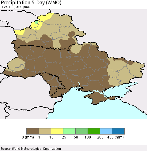 Ukraine, Moldova and Belarus Precipitation 5-Day (WMO) Thematic Map For 10/1/2023 - 10/5/2023