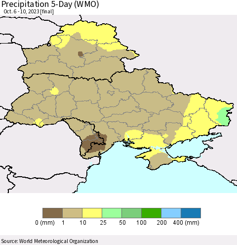 Ukraine, Moldova and Belarus Precipitation 5-Day (WMO) Thematic Map For 10/6/2023 - 10/10/2023