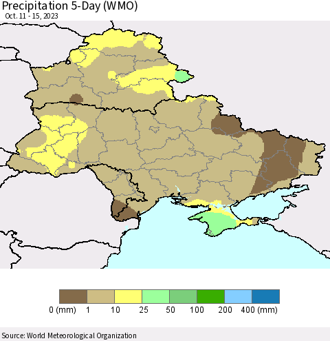 Ukraine, Moldova and Belarus Precipitation 5-Day (WMO) Thematic Map For 10/11/2023 - 10/15/2023