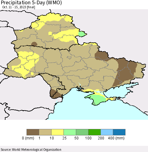 Ukraine, Moldova and Belarus Precipitation 5-Day (WMO) Thematic Map For 10/11/2023 - 10/15/2023