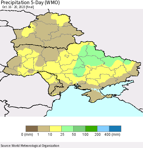 Ukraine, Moldova and Belarus Precipitation 5-Day (WMO) Thematic Map For 10/16/2023 - 10/20/2023