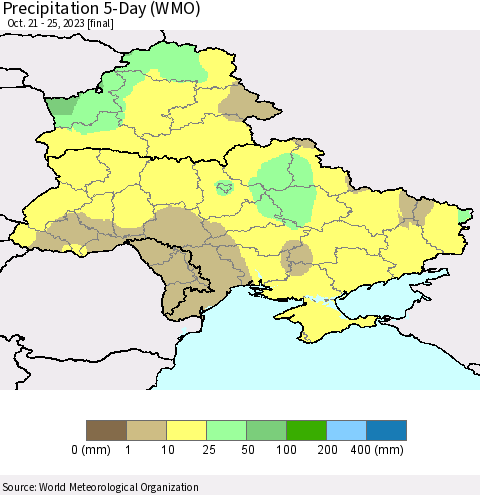 Ukraine, Moldova and Belarus Precipitation 5-Day (WMO) Thematic Map For 10/21/2023 - 10/25/2023