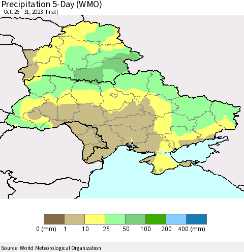 Ukraine, Moldova and Belarus Precipitation 5-Day (WMO) Thematic Map For 10/26/2023 - 10/31/2023