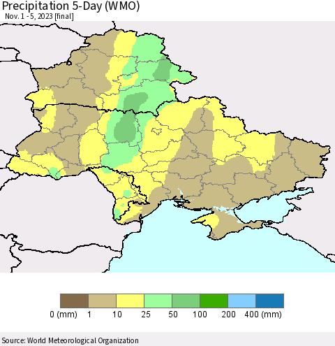 Ukraine, Moldova and Belarus Precipitation 5-Day (WMO) Thematic Map For 11/1/2023 - 11/5/2023