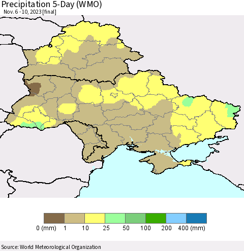 Ukraine, Moldova and Belarus Precipitation 5-Day (WMO) Thematic Map For 11/6/2023 - 11/10/2023
