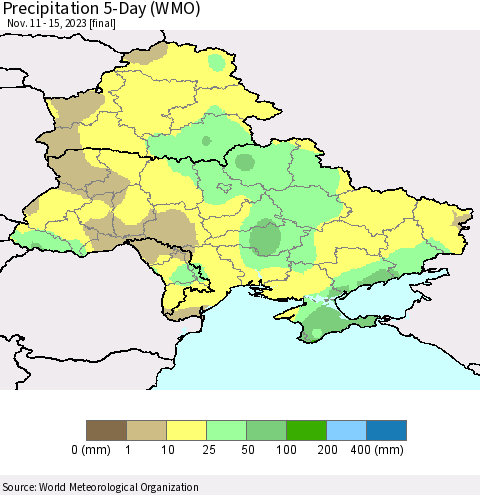 Ukraine, Moldova and Belarus Precipitation 5-Day (WMO) Thematic Map For 11/11/2023 - 11/15/2023