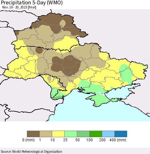 Ukraine, Moldova and Belarus Precipitation 5-Day (WMO) Thematic Map For 11/16/2023 - 11/20/2023