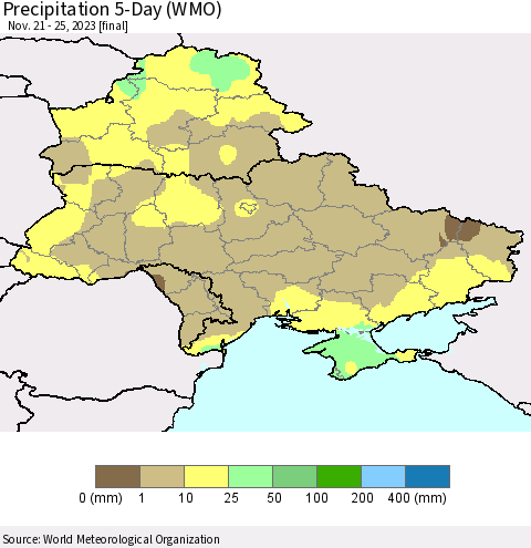 Ukraine, Moldova and Belarus Precipitation 5-Day (WMO) Thematic Map For 11/21/2023 - 11/25/2023