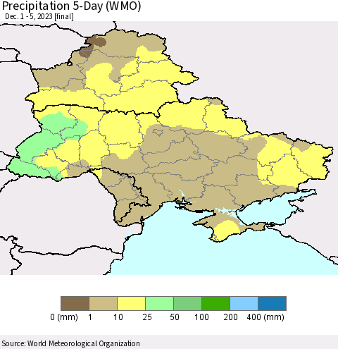 Ukraine, Moldova and Belarus Precipitation 5-Day (WMO) Thematic Map For 12/1/2023 - 12/5/2023