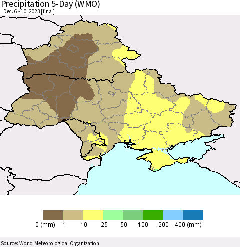 Ukraine, Moldova and Belarus Precipitation 5-Day (WMO) Thematic Map For 12/6/2023 - 12/10/2023