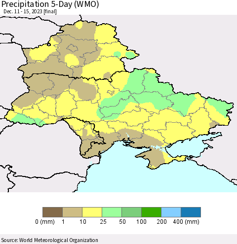 Ukraine, Moldova and Belarus Precipitation 5-Day (WMO) Thematic Map For 12/11/2023 - 12/15/2023