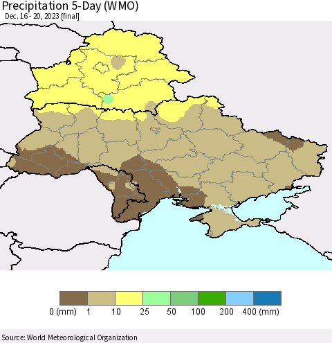 Ukraine, Moldova and Belarus Precipitation 5-Day (WMO) Thematic Map For 12/16/2023 - 12/20/2023