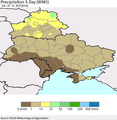 Ukraine, Moldova and Belarus Precipitation 5-Day (WMO) Thematic Map For 12/26/2023 - 12/31/2023