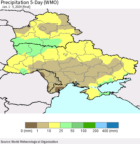Ukraine, Moldova and Belarus Precipitation 5-Day (WMO) Thematic Map For 1/1/2024 - 1/5/2024