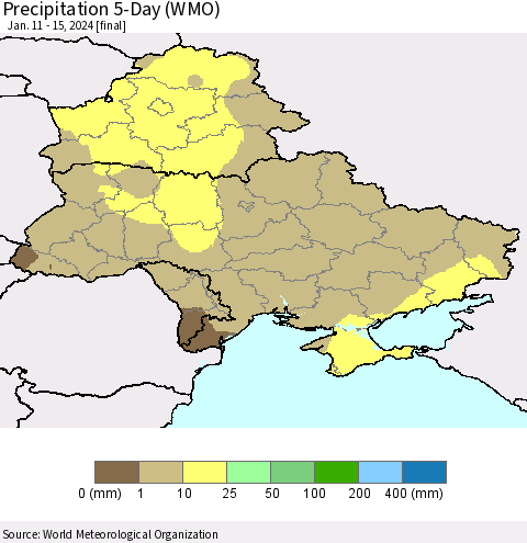 Ukraine, Moldova and Belarus Precipitation 5-Day (WMO) Thematic Map For 1/11/2024 - 1/15/2024