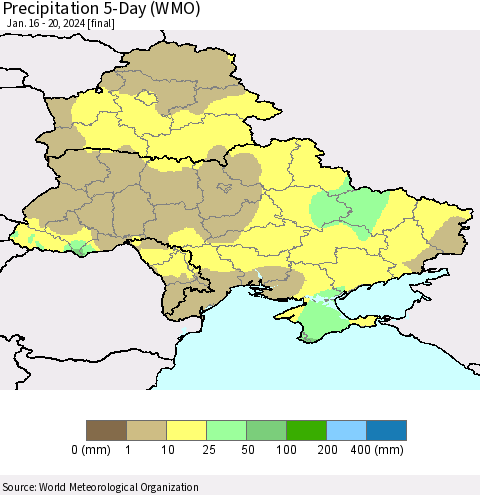 Ukraine, Moldova and Belarus Precipitation 5-Day (WMO) Thematic Map For 1/16/2024 - 1/20/2024