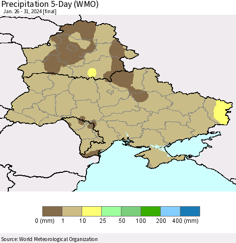 Ukraine, Moldova and Belarus Precipitation 5-Day (WMO) Thematic Map For 1/26/2024 - 1/31/2024