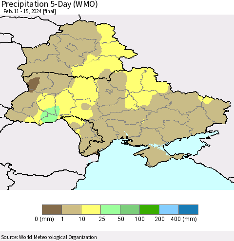 Ukraine, Moldova and Belarus Precipitation 5-Day (WMO) Thematic Map For 2/11/2024 - 2/15/2024