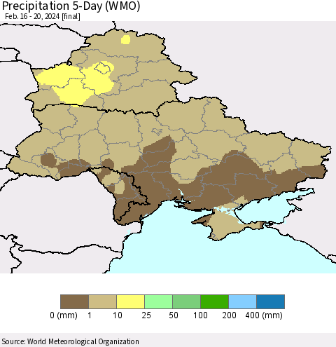 Ukraine, Moldova and Belarus Precipitation 5-Day (WMO) Thematic Map For 2/16/2024 - 2/20/2024