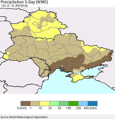 Ukraine, Moldova and Belarus Precipitation 5-Day (WMO) Thematic Map For 2/21/2024 - 2/25/2024
