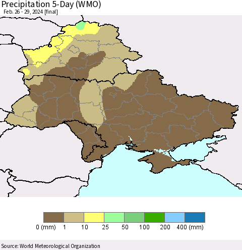 Ukraine, Moldova and Belarus Precipitation 5-Day (WMO) Thematic Map For 2/26/2024 - 2/29/2024