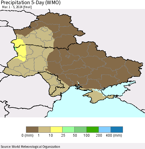 Ukraine, Moldova and Belarus Precipitation 5-Day (WMO) Thematic Map For 3/1/2024 - 3/5/2024