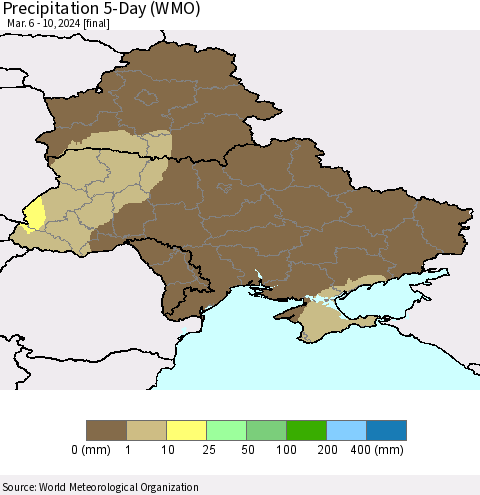 Ukraine, Moldova and Belarus Precipitation 5-Day (WMO) Thematic Map For 3/6/2024 - 3/10/2024