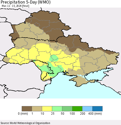 Ukraine, Moldova and Belarus Precipitation 5-Day (WMO) Thematic Map For 3/11/2024 - 3/15/2024