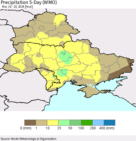 Ukraine, Moldova and Belarus Precipitation 5-Day (WMO) Thematic Map For 3/16/2024 - 3/20/2024