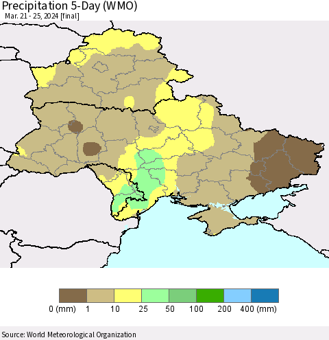 Ukraine, Moldova and Belarus Precipitation 5-Day (WMO) Thematic Map For 3/21/2024 - 3/25/2024