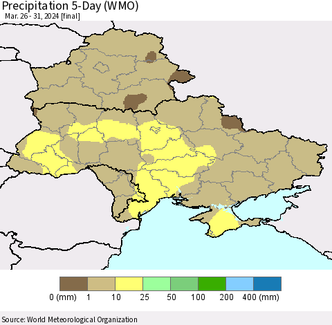 Ukraine, Moldova and Belarus Precipitation 5-Day (WMO) Thematic Map For 3/26/2024 - 3/31/2024