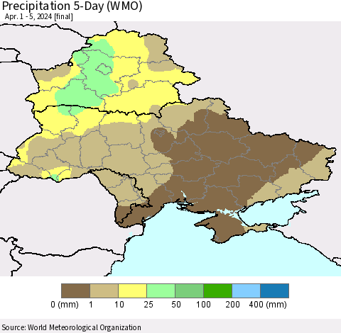 Ukraine, Moldova and Belarus Precipitation 5-Day (WMO) Thematic Map For 4/1/2024 - 4/5/2024