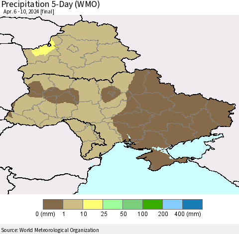 Ukraine, Moldova and Belarus Precipitation 5-Day (WMO) Thematic Map For 4/6/2024 - 4/10/2024