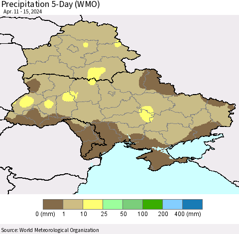 Ukraine, Moldova and Belarus Precipitation 5-Day (WMO) Thematic Map For 4/11/2024 - 4/15/2024