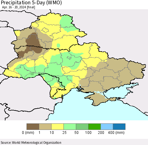 Ukraine, Moldova and Belarus Precipitation 5-Day (WMO) Thematic Map For 4/16/2024 - 4/20/2024