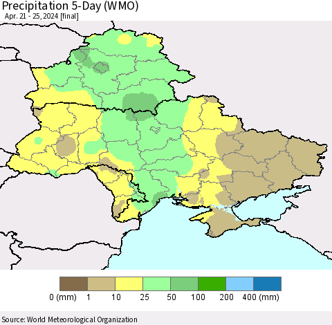 Ukraine, Moldova and Belarus Precipitation 5-Day (WMO) Thematic Map For 4/21/2024 - 4/25/2024