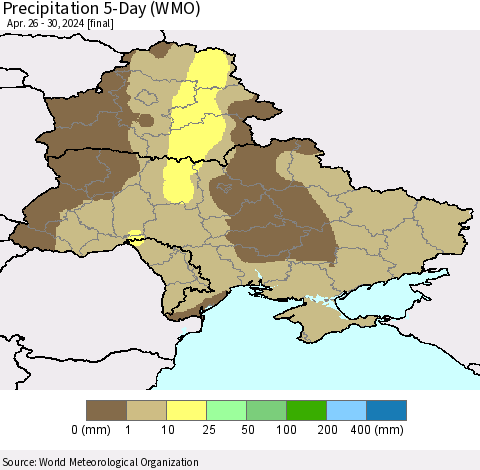 Ukraine, Moldova and Belarus Precipitation 5-Day (WMO) Thematic Map For 4/26/2024 - 4/30/2024