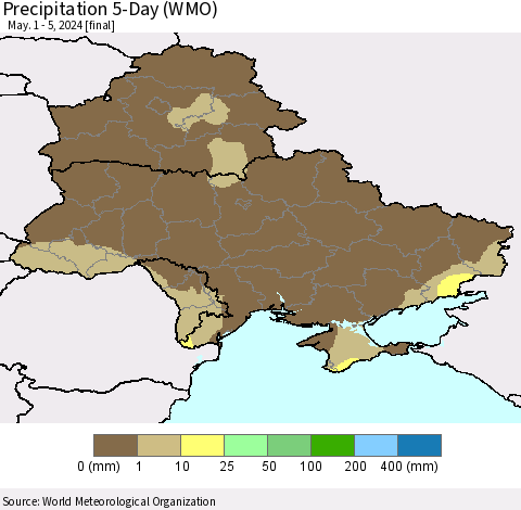 Ukraine, Moldova and Belarus Precipitation 5-Day (WMO) Thematic Map For 5/1/2024 - 5/5/2024