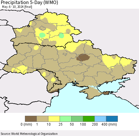 Ukraine, Moldova and Belarus Precipitation 5-Day (WMO) Thematic Map For 5/6/2024 - 5/10/2024