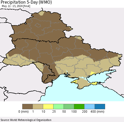 Ukraine, Moldova and Belarus Precipitation 5-Day (WMO) Thematic Map For 5/11/2024 - 5/15/2024