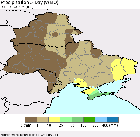 Ukraine, Moldova and Belarus Precipitation 5-Day (WMO) Thematic Map For 10/16/2024 - 10/20/2024