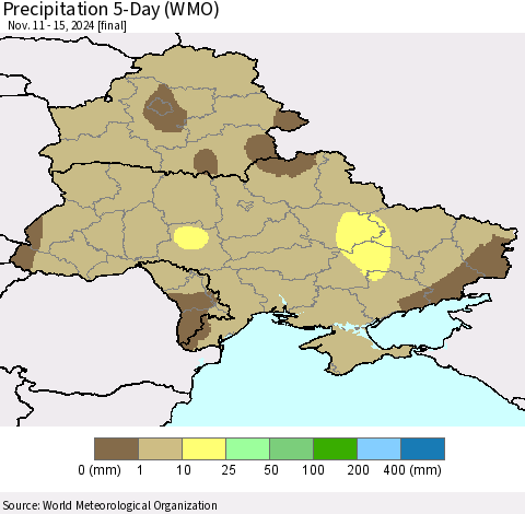 Ukraine, Moldova and Belarus Precipitation 5-Day (WMO) Thematic Map For 11/11/2024 - 11/15/2024