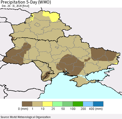 Ukraine, Moldova and Belarus Precipitation 5-Day (WMO) Thematic Map For 12/26/2024 - 12/31/2024