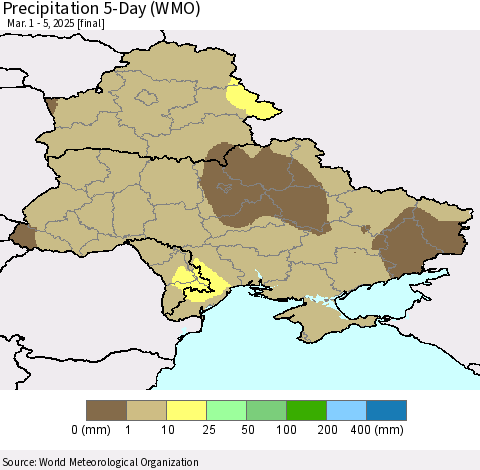 Ukraine, Moldova and Belarus Precipitation 5-Day (WMO) Thematic Map For 3/1/2025 - 3/5/2025