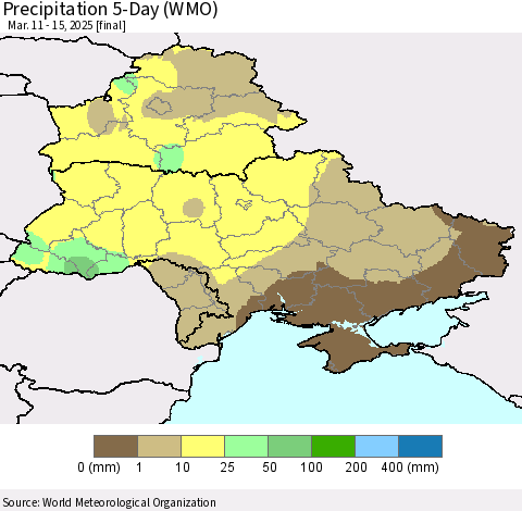 Ukraine, Moldova and Belarus Precipitation 5-Day (WMO) Thematic Map For 3/11/2025 - 3/15/2025
