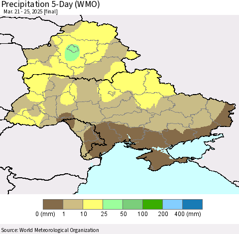 Ukraine, Moldova and Belarus Precipitation 5-Day (WMO) Thematic Map For 3/21/2025 - 3/25/2025