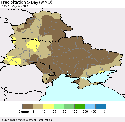 Ukraine, Moldova and Belarus Precipitation 5-Day (WMO) Thematic Map For 4/21/2025 - 4/25/2025